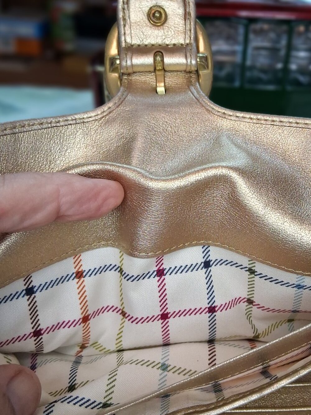 Coach Signature Metallic Gold Trim Small Flap Bag – Plaid Lining, Buckle Detail - Picture 8 of 14